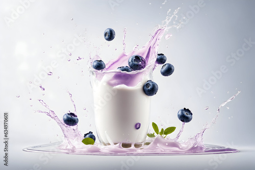 Yogurt splash in a glass with blueberry