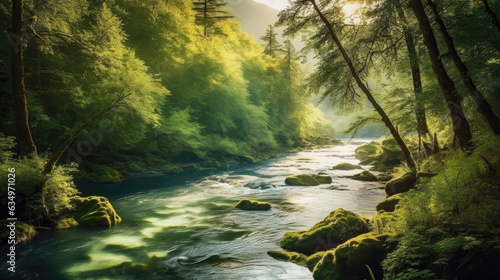 River flowing through green forest nature with trees