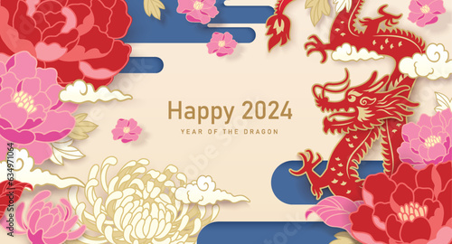 2024 Chinese new year, year of the dragon banner design with Chinese zodiac dragon, clouds and flowers background.