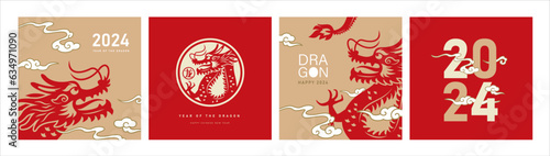 2024 Chinese new year, year of the dragon. Set of Chinese new year posters, greeting cards design with Chinese zodiac dragon. Chinese translation: dragon © littleWhale