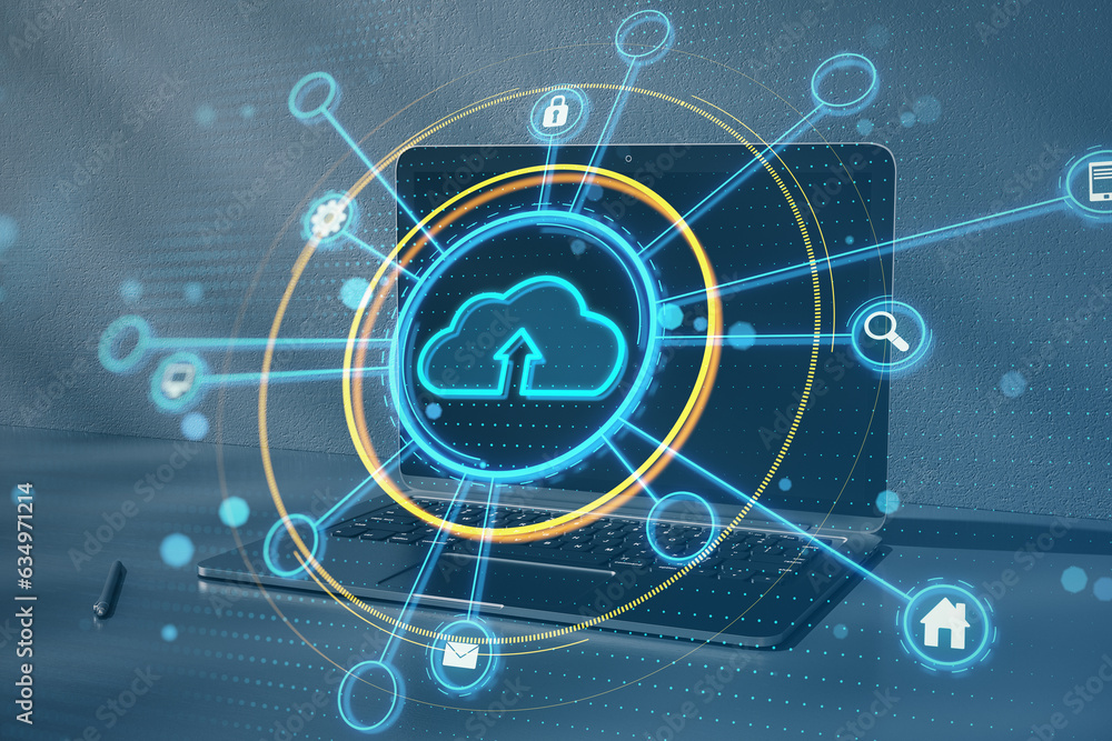 Close up of laptop computer on desktop with glowing cloud computing hologram on blurry background. Data storage and database concept. Double exposure. Close up of laptop computer on desktop with glowing cloud computing hologram on blurry background. Data storage and database concept. Double exposure.