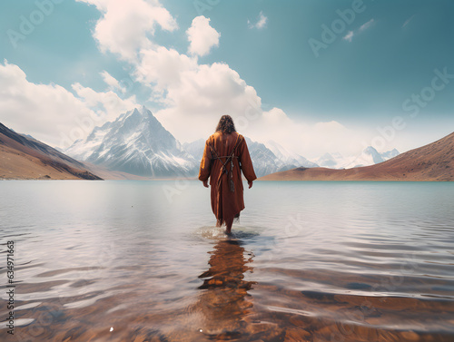 Back view of Jesus Christ walking on water