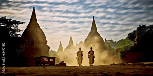 Young Buddhist novice monks walking with background of pagodas during sunrise at Myanmar.