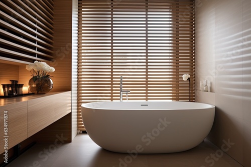 Contemporary bathroom featuring a wooden slat wall and a spacious white bathtub complemented by a silver faucet and a brown towel.