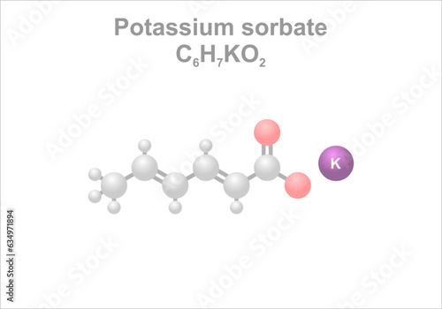 Potassium sorbate. Simplified scheme of the molecule. Use as food preservative to inhibit the growth of yeasts and molds.