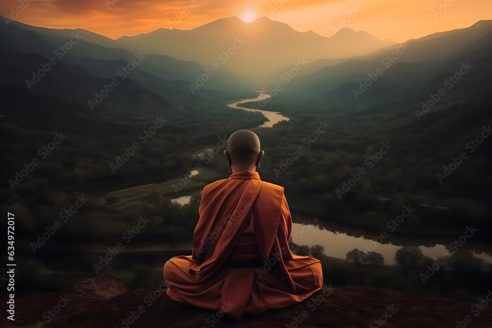 Buddhist monk in meditation on mountaintop at beautiful sunset or sunrise