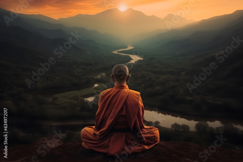 Buddhist monk in meditation on mountaintop at beautiful sunset or sunrise