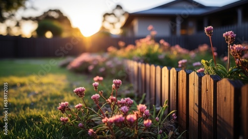 Beautiful backyard with lawn and wooden picket fence and sunset sky, 8K, PROFFESIONAL photography, BOKEH BLUR, contrast, vibrant, photo