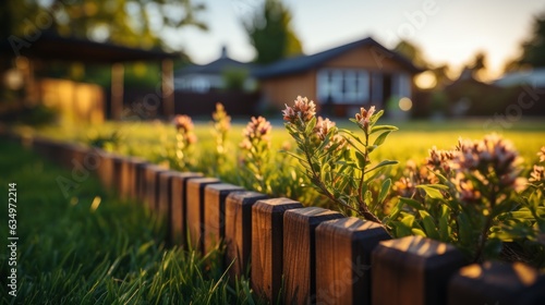 Beautiful backyard with lawn and wooden picket fence and sunset sky, 8K, PROFFESIONAL photography, BOKEH BLUR, contrast, vibrant,