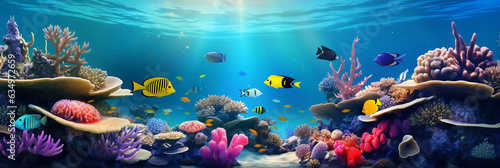 Image for banner background. Underwater atmosphere with beautiful fish and corals. Clear water. Free space for content. © I LOVE PNG