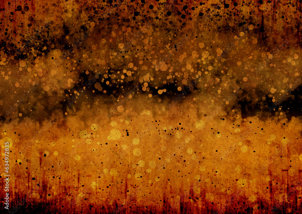 Grunge background with old cardboard texture and pattern with splash and dots of orange, dark brown, black color. Horizontal or vertical  retro banner with paper texture