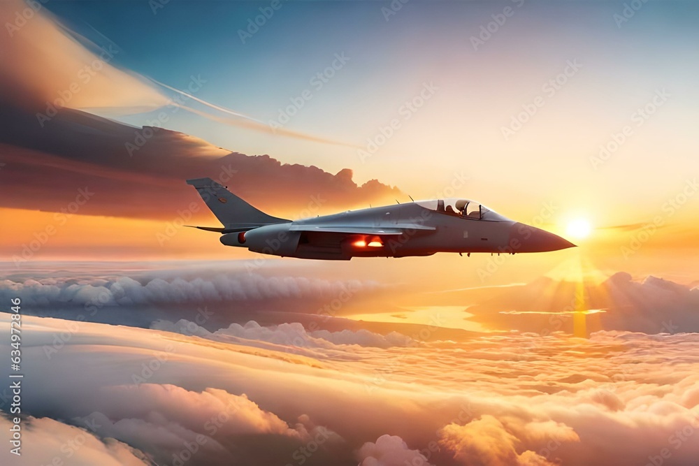 Fighter jets soaring in the vibrant sunset sky. Generative AI Fighter jets soaring in the vibrant sunset sky. Generative AI
