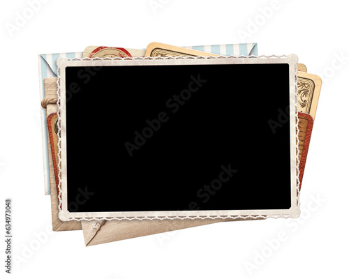 Retro photo frame, vintage envelope and old paper card. Nostalgic scrapbooking backdrop. Mockup template. Copy space for text. Isolated on white background