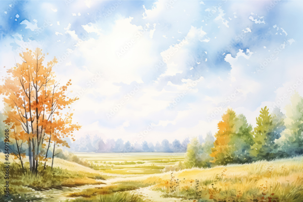 Simple watercolor autumn landscape scenery. Beautiful nature fall season background.