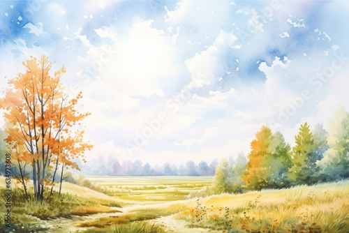 Simple watercolor autumn landscape scenery. Beautiful nature fall season background.