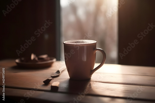 cup of hot chocolate standing on a wooden table in front of window