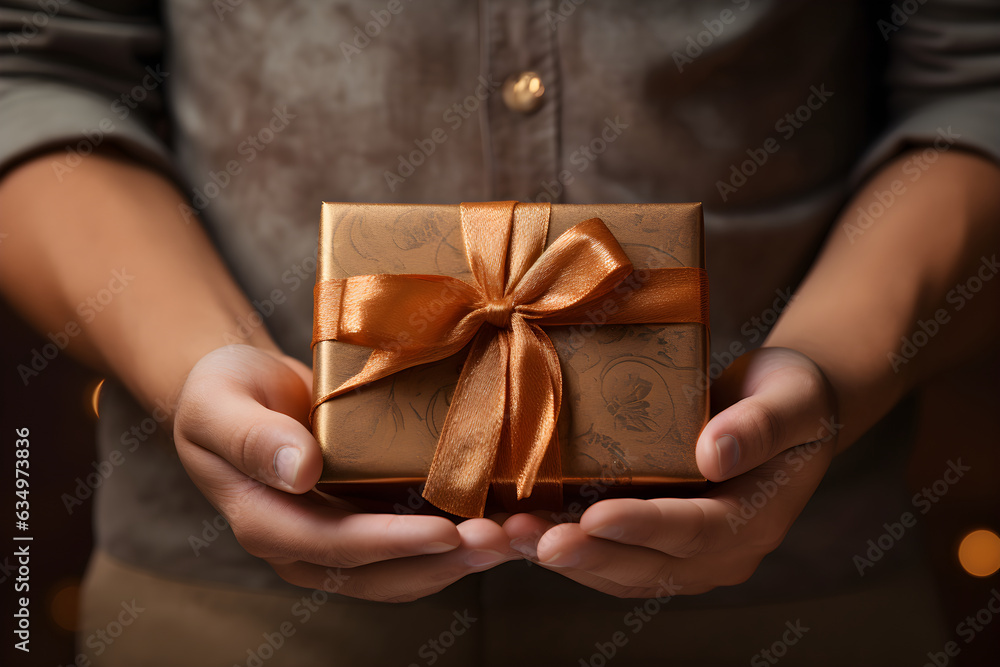 Hands holding festive gift box with bow
