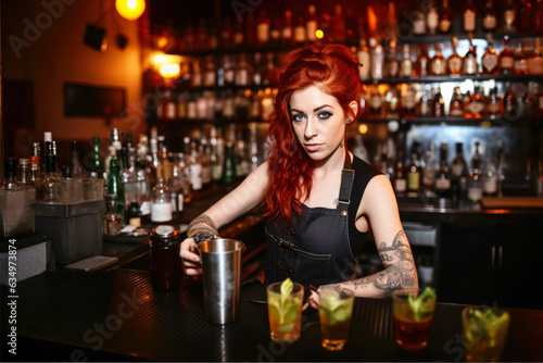 Young woman working as a bartender  red ginger hair  some tattoos  looks a bit cheeky. Blurred alcoholic beverages background. Generative AI