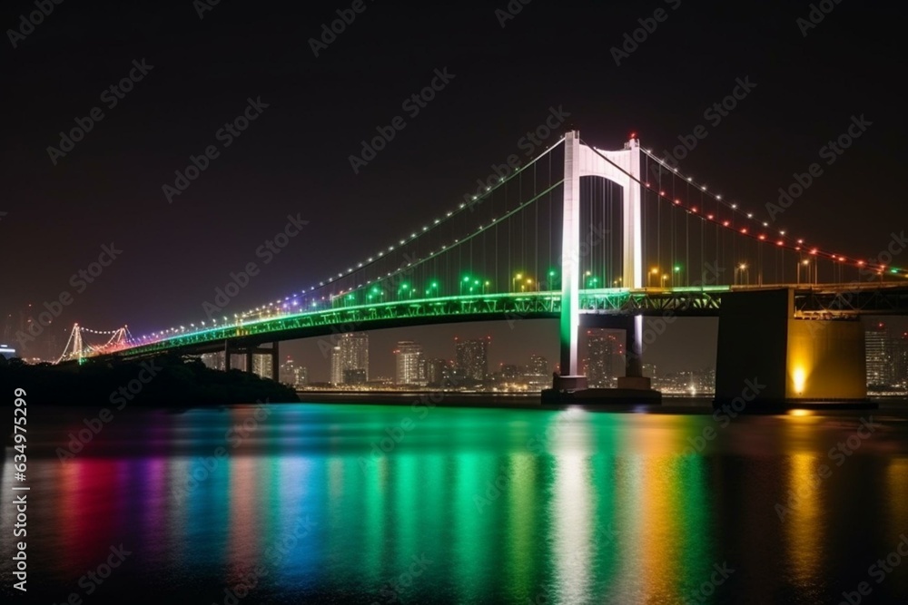 Night view of Rainbow Bridge at Daiba in Tokyo. Generative AI