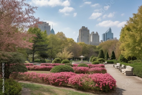 City park on sunny day with pink-green shrubs and trees gazing at towering buildings. Generative AI