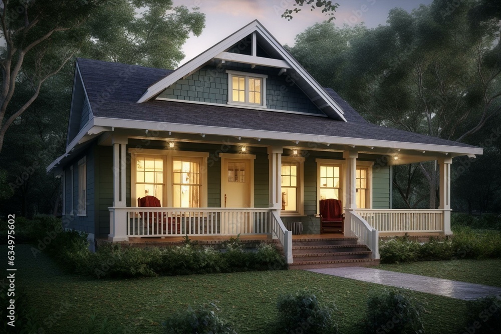 Modernized cottage with detailed porch. Generative AI