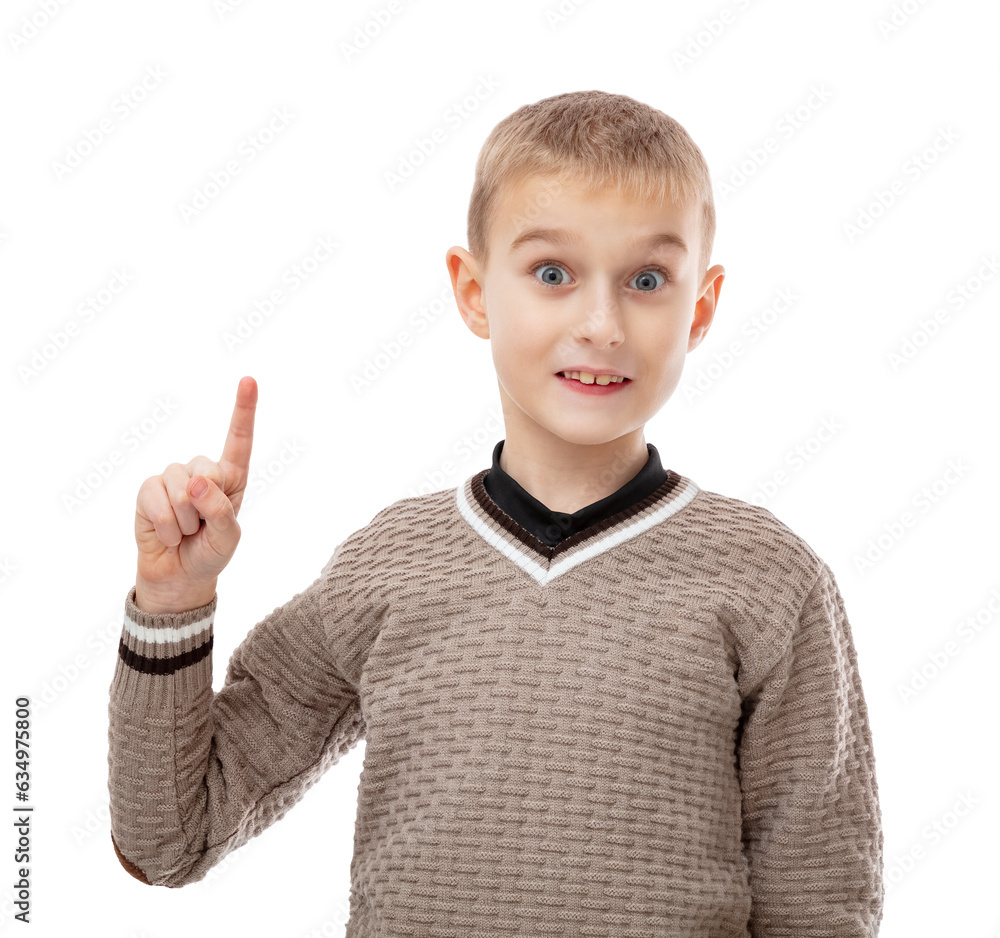 Portrait of blonde seven year old boy raising fore finger up saying this is very important information, or think about it, isolated on white background. Attractive child posing in studio. Portrait of blonde seven year old boy raising fore finger up saying this is very important information, or think about it, isolated on white background. Attractive child posing in studio.