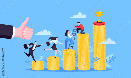 Business mentor helps improve career and money stacks growing. He holds stairs steps vector illustration. Mentorship, upskills, climb help self development strategy flat style design business concept.