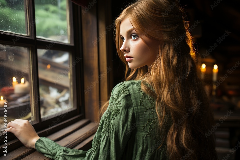melancholy and depressed young woman looking out of a window on a rainy autumn day
