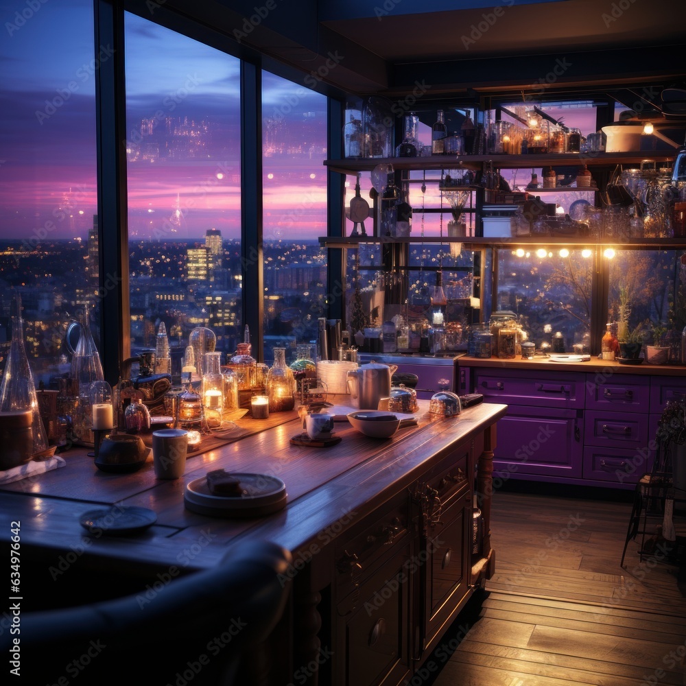 beautiful cyberpunk style kitchen with neon purple and violet tones