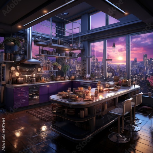beautiful cyberpunk style kitchen with neon purple and violet tones