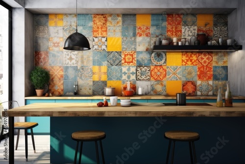 Colorful wall art with a blend of digital and ceramic tile designs for home interiors. © 2rogan