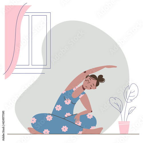 Nice young woman sitting in lotus pose and doing incline. Cute cartoon girl training yoga at home.