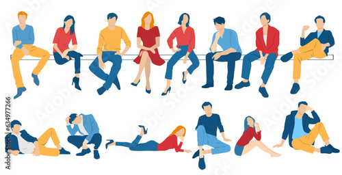 Photographie Men, women and teenagers sitting on a bench, different colors, cartoon character
