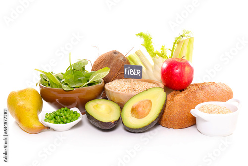assorted of food rich in Fiber on white background photo