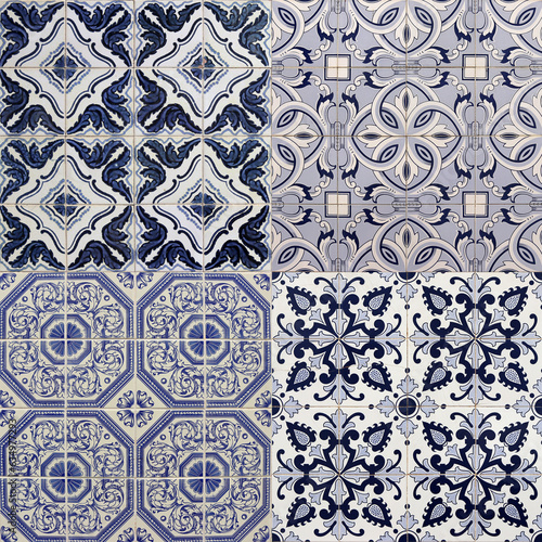 Photo collage of Portuguese azulejos - blue and white ceramic tiles texture background