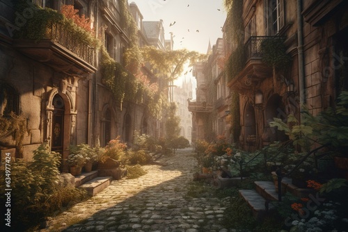 A digitally created artwork depicting a magical street in the historic part of a city. Generative AI