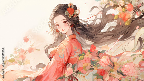 Hand-painted cartoon beautiful animation Chinese costume girl illustration

