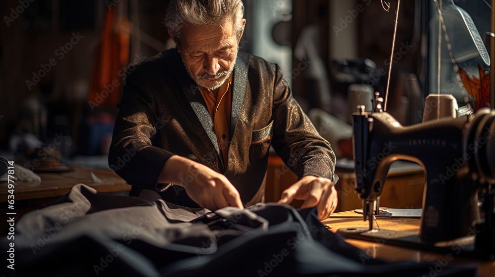 Worker in tailoring who sews clothes by hand