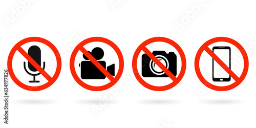 No Video, photo, phone, or sound recording forbidden icons. Photo, video, and phone prohibition symbol sign set. No photographing and filming prohibit icon logo collection.