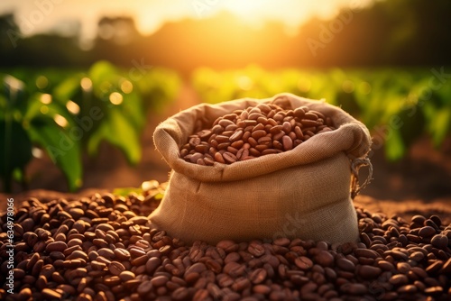 Bag of fresh roasted coffee beans on the green plantation background