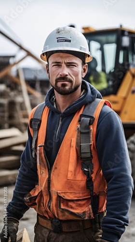  skilled construction worker at a construction site, with machinery and structures in the background