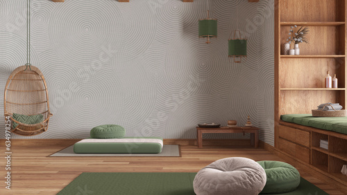 Wallpaper Mural Minimal meditation room in white and green tones, pillows, tatami mats and hanging armchair. Wooden beams and parquet floor. Japanese interior design Torontodigital.ca