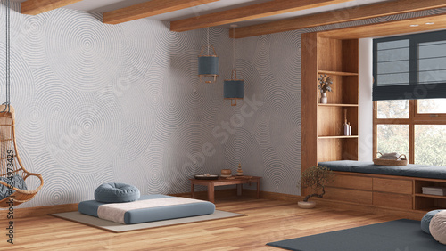 Minimal meditation room in white and blue tones. Wooden ceiling and parquet floor. Pillow, tatami mat, carpet and decors. Sitting window. Japandi interior design