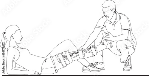 Fototapeta Naklejka Na Ścianę i Meble -  Hand-Drawn Orthopedic Physiotherapist Cartoon Illustration, Woman with Stiff Leg Exercising, Personal Trainer Assisting Leg Injury Recovery, Cartoon Injury Rehabilitation: Physiotherapist and Personal