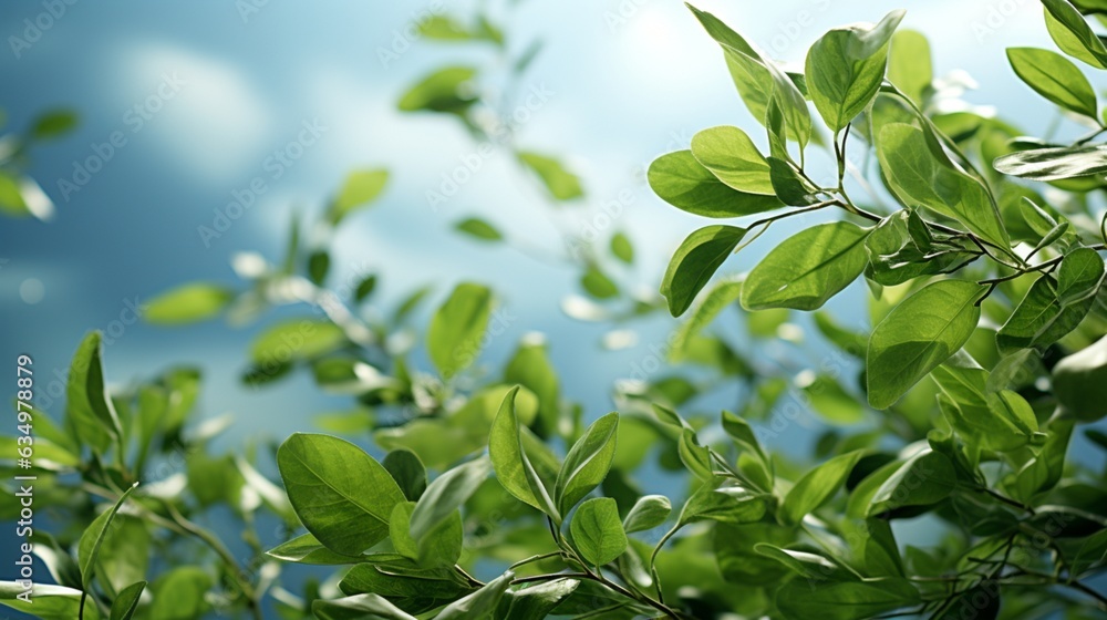 Falling tea leaves realistic green foliage flying.