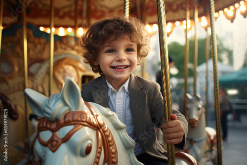 The kid is sitting on a carousel in an amusement park © Julia Jones