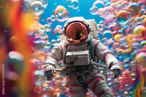 An astronaut swimming in a fabulous colorful space in a strange universe