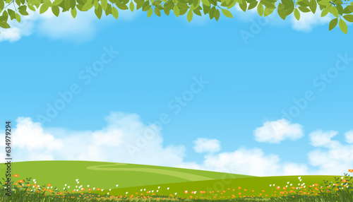 Nature Spring Countryside Landscape,Green Field,Cloud,Summer Sky,Natural Horizon rural scene with green meadow and flower on hills in Sunny day,Banner for Eater, Environment day background