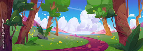 Forest path and sea view vector summer background. Switzerland nature scenery illustrated cartoon outdoor scene. distant ocean in peaceful valley game location environment with flower and grass