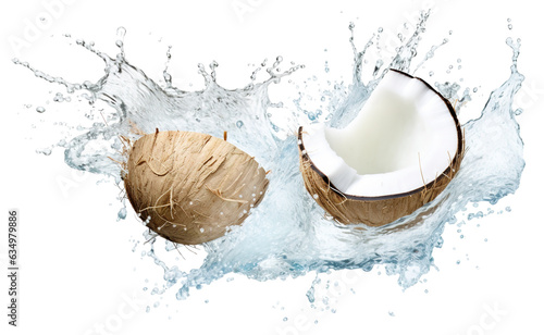 dynamic coconut water liquid splash with open coconut - refreshing summer drink theme on transparent background